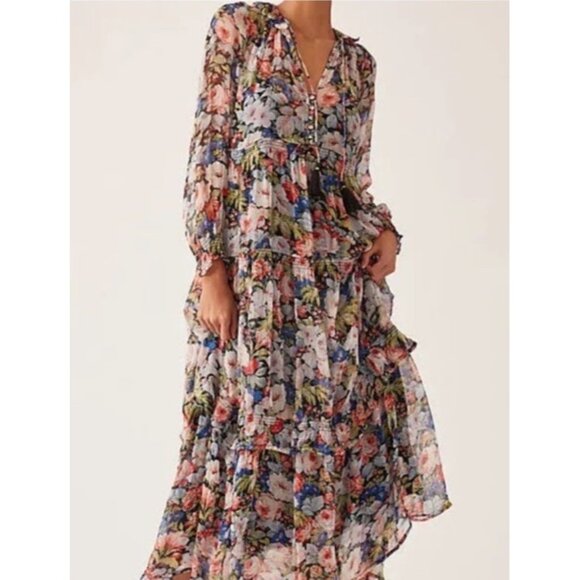 Anthropologie Marias Printed Chiffon Maxi Dress Floral Long Sleeve Sheer Sz L - Picture 1 of 7